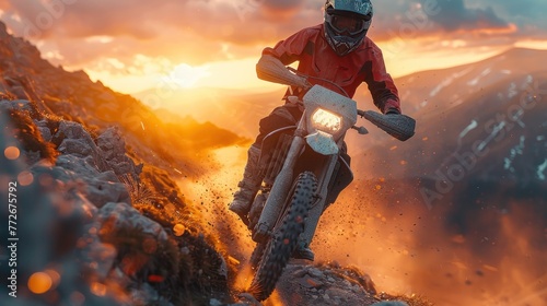 motorcyclist in full moto equipment riding crops enduro bike on mountain road at sunset. photo
