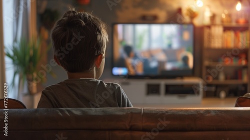 Child watching television from the couch at home - Young boy engrossed in watching TV, symbolizing media influence and entertainment in modern childhood photo