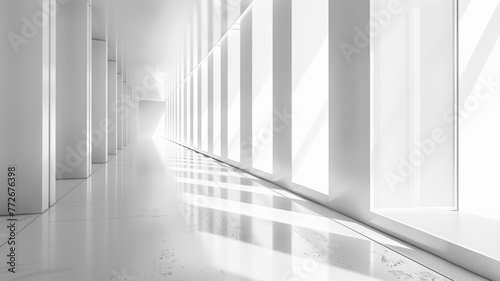 Bright white corridor with geometric shadows - A minimalist modern architecture shot showcasing a corridor with repeating geometric shadows and light reflections