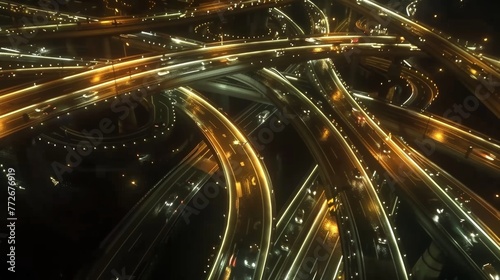 A timelapse of vehicles moving through a highway interchange resembling a smoothly flowing river of metal and lights. The interchanges design showcases the fluidity of traffic