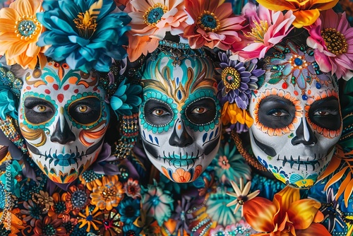 Three people with their faces painted as sugar skulls, adorned with bright flowers for Day of the Dead celebrations. Generative AI