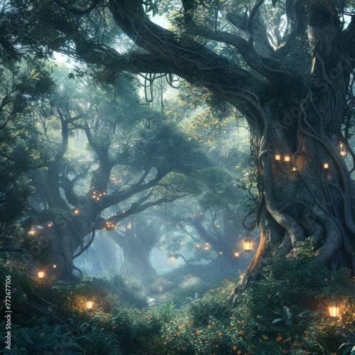 Enchanted Grove Trail: Follow the Magical Enchanted Forest Path, Illuminated by Hanging Lanterns and Bathed in Mystical Sunrays, Embarking on an Adventure Full of Wonder and Discovery © Mark
