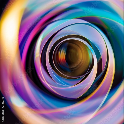 The elegance of a DSLR lenss aperture blades captured in macro as they shape colorful light into photographic art photo