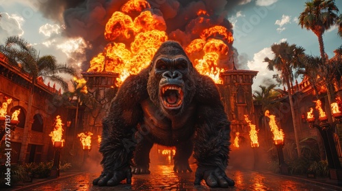 Entrance to The Kong Skull Island with a Gorilla face and burning torches at the Universal Studios