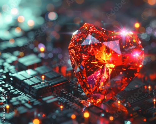 The luminous heart of a gem in close up against a sprawling digital matrix a symbol of purity amidst a cyberpunk reality
