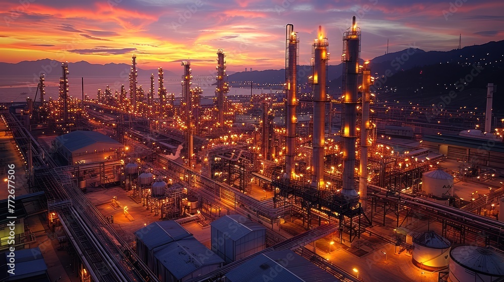 Oil refinery factory and oil storage tank at twilight and night. Petrochemical Industrial.