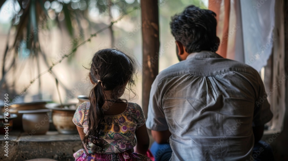 A father and young daughter sit side by side backs facing the camera as they bond over a cup of chai. The little girl listens . . A father and young daughter sit side by side backs facing the camera as they bond over a cup of chai. The little girl listens . .