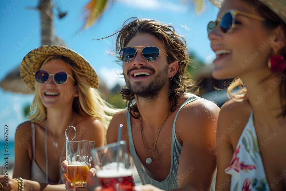 Carefree Friends Sipping Cocktails and Enjoying the Summer Sun at a Vibrant Resort