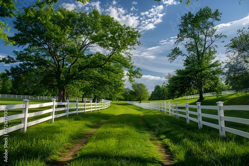Tranquil Springtime Landscape with Fence and Lush Greenery