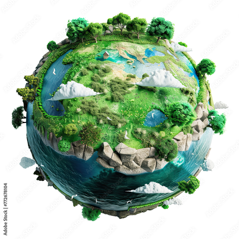 3d illustration of floating fantasy green grass island with plant earth, isolated on white background - obrazy, fototapety, plakaty 