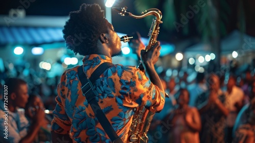 A saxophonist back turned blowing into instrument with passion and skill while the audience cheers and claps along to the infectious . .