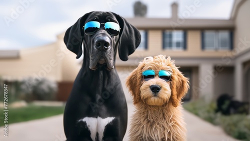 Great Dane and Goldendoodle dogs best friends wearing sunglasses