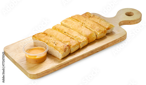 Cheese bread sticks with dipping cheese, Butter bread sticks isolated on woonden plate on white background. Salted bread stick isolated on white with clipping path.