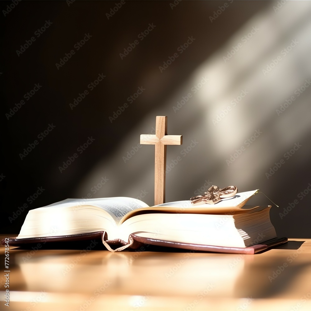 Close up of a holy bible and christian cross on wooden table. Happy good friday or religion concept