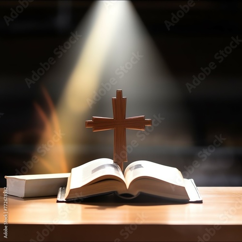 Close up of a holy bible and christian cross on wooden table. Happy good friday or religion concept