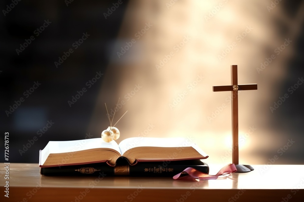 Close up of a holy bible and christian cross on wooden table. Happy good friday or religion concept