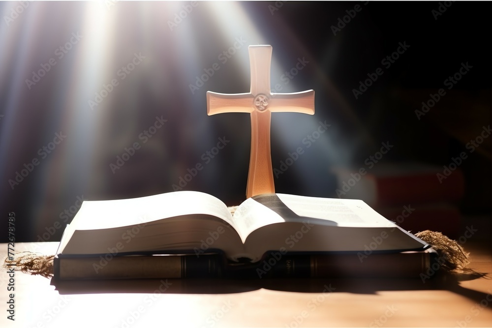 Close up of a holy bible and christian cross on wooden table. Happy good friday or religion concept