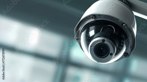 A white security camera is mounted on a wall