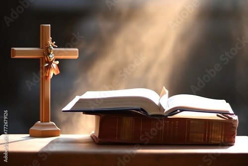 Close up of a holy bible and christian cross on wooden table. Happy good friday or religion concept