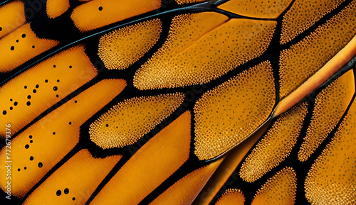 The majestic skin of the butterfly displays a mesmerizing design, adorned with delicate black veins that form an impressive framework for its striking orange and black hues.