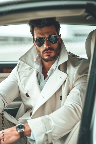 Confident stylish male model in white trench coat and sunglasses sitting in a luxury car © pijav4uk