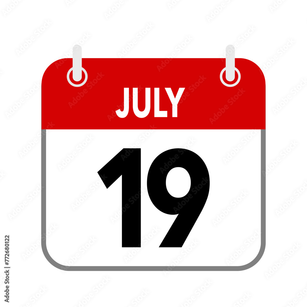 19 July, calendar date icon on white background. 19 July, calendar date icon on white background.