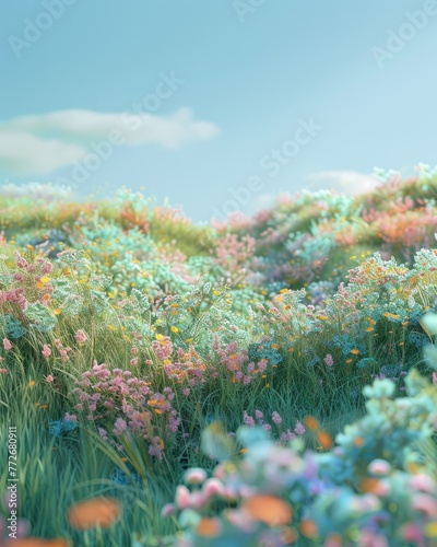 A field full of grass with small flowers and green bushes, in a minimalist style, illustration made with generative AI