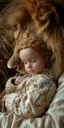 Baby Sleeping with a Lion in a Serene and Calm Way