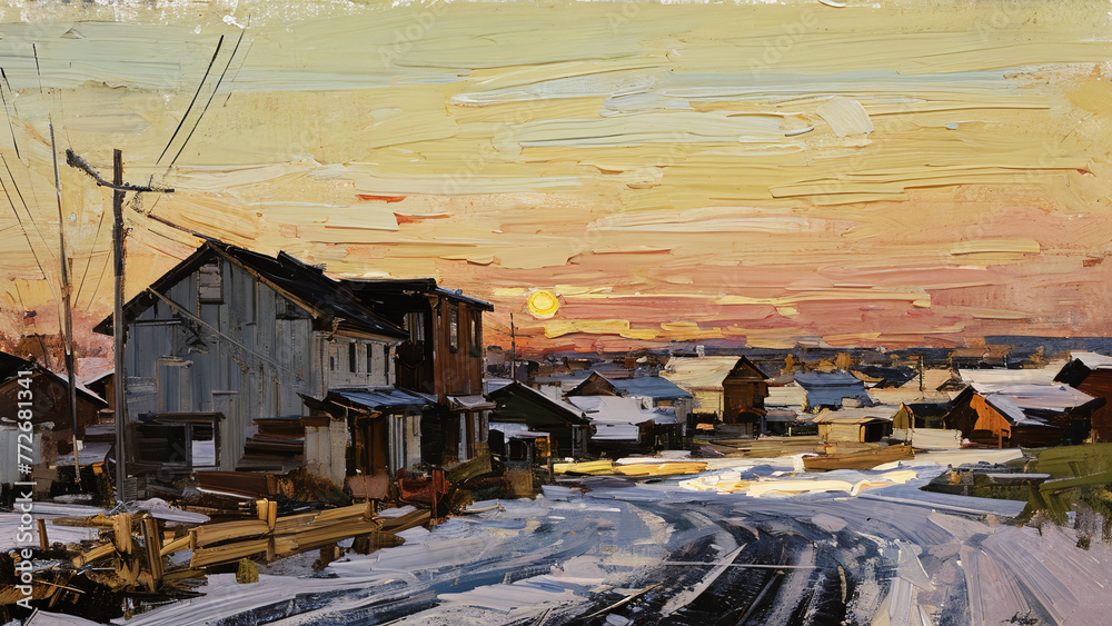 Fototapeta premium Scene of urban residential, Oil painting, impasto Loosely painting.