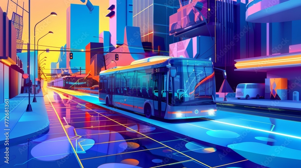 A collage of images featuring solarpowered transportation such as cars and buses emphasizing the potential for sustainable solutions . . - obrazy, fototapety, plakaty 