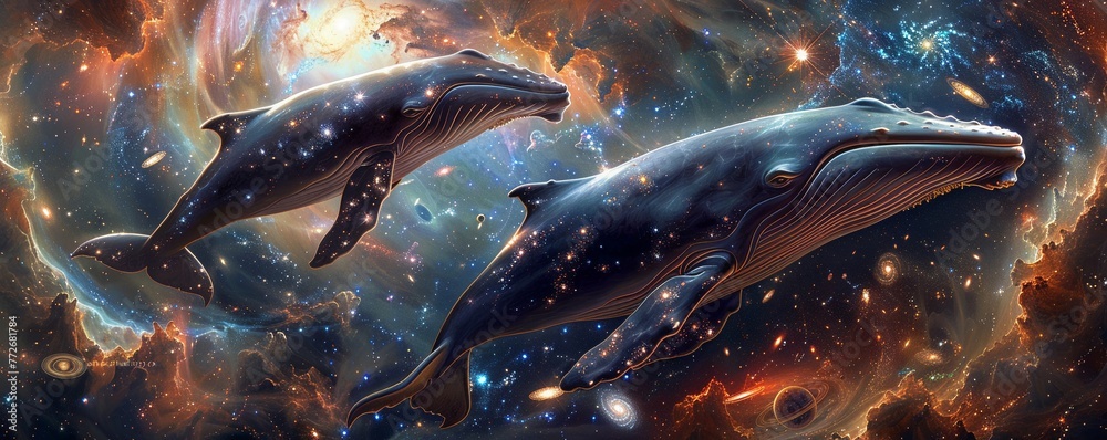 Obraz premium Create a captivating image of two majestic whales gracefully swimming through cosmic currents in a side view perspective Show intricate patterns of stars, galaxies, and cosmic dust surrounding them 