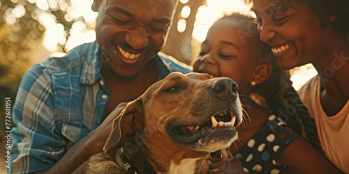 close up shot of an African American family smiling and playing with their dog, generative AI