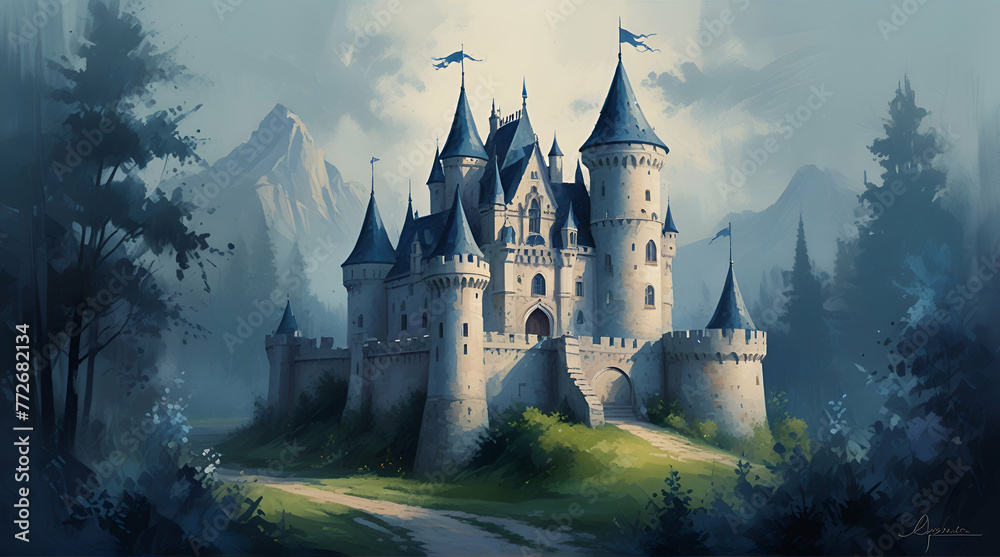 fairy tale princess castle, art work painting in impressionism style, light background white and blue shade design.generative.ai