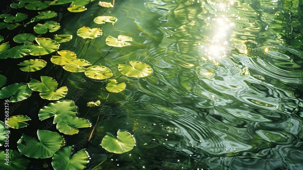 Sunlight dances on pure water, green leaves afloat as nature's vessels
