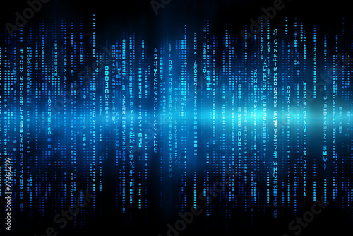 Abstract digital background of blue binary code cascading in a matrix-style pattern, representing data and technology. Generative AI