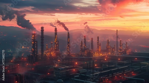 Industrial might meets ecosystem balance, a refinery at dusk