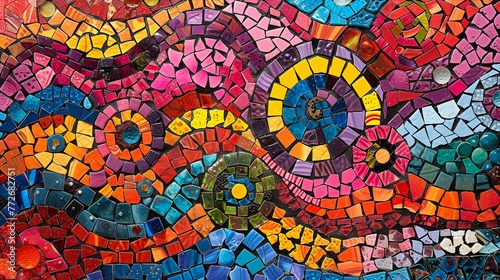 Highlight the intricate patterns of a mosaic artwork, emphasizing the interplay of shapes and colors to trigger a multi-sensory response, blurring the lines between sight and touch