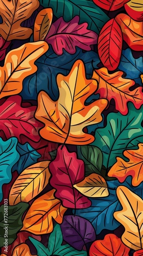 Psychedelic array of autumn leaves, in the style of minimalist line art, appropriation artist, funk art