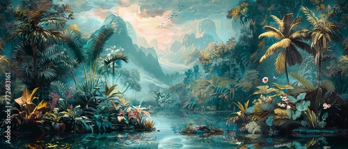 Dreamy jungle wallpaper, a storybook of enchanted wildlife and palms