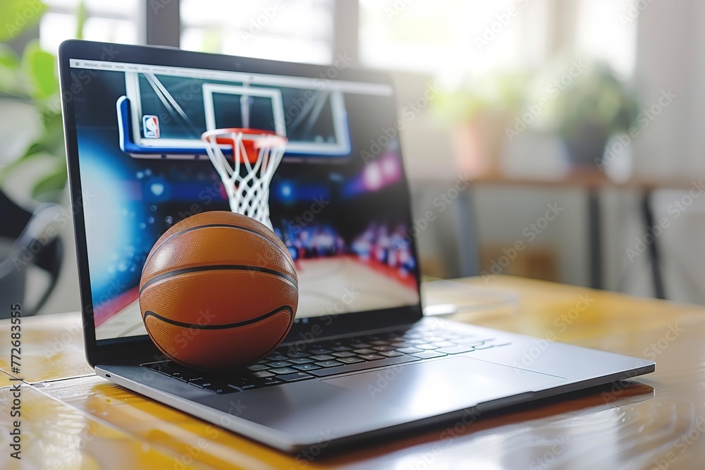 The laptop has a basketball hoop and ball. Online athletics. Generative Ai