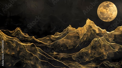 moon and golden mountain ink landscape illustration poster background