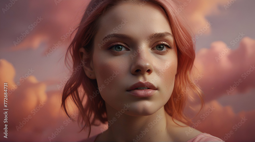 Portrait of woman made out of pink and orange clouds, made entirely from bright pastel metallics.generative.ai Portrait of woman made out of pink and orange clouds, made entirely from bright pastel metallics.generative.ai