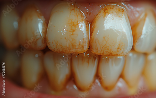 Closeup open mouth with yellow teeth. Concept for oral care, dentistry, and stomatology.