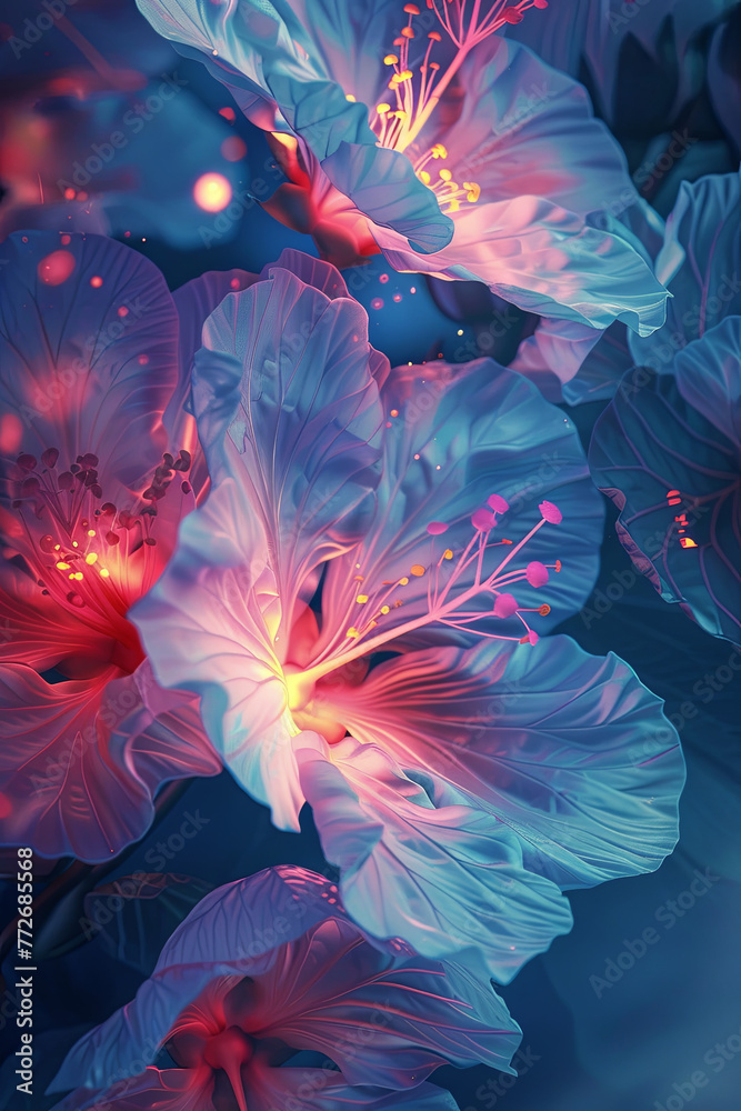 Naklejka premium Illustration of colorful flowers glowing in the dark