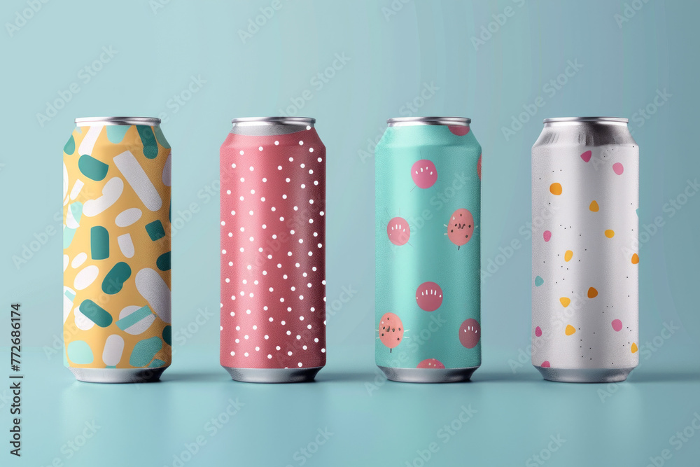 Four unique soda cans with playful patterns displayed against a blue background highlighting the blank label area Four unique soda cans with playful patterns displayed against a blue background highlighting the blank label area