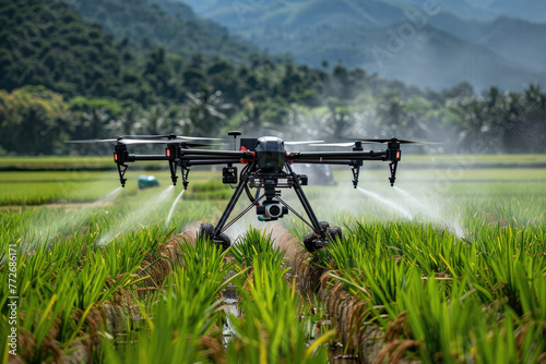 A quadcopter on wheels handles a rice field.