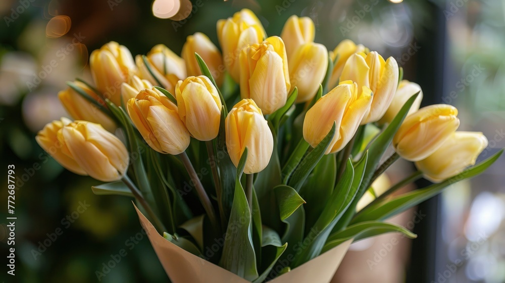 Bouquet of fresh yellow tulips wrapped in paper, ideal for spring themes or floral backgrounds.Bouquet of fresh yellow tulips wrapped in paper, ideal for spring themes or floral backgrounds.