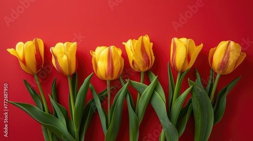 Vibrant yellow tulips arranged in a row against a rich red background  symbolizing spring and freshness.