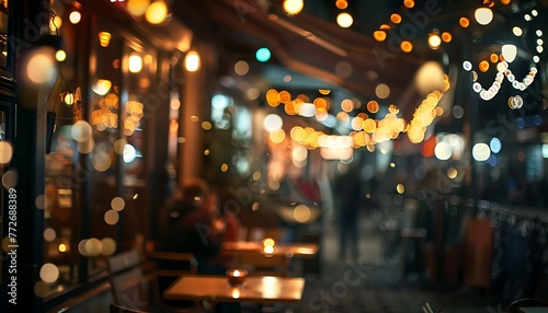 Captivating exterior shot captures bustling café ambiance through beautiful bokeh effect