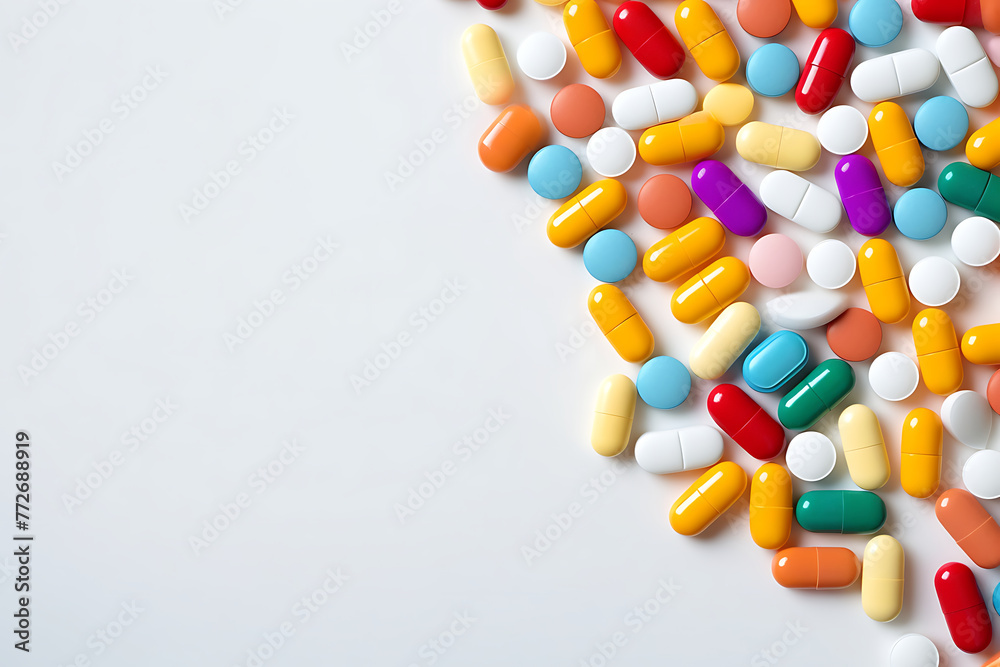 Assorted pharmaceutical pills and capsules on a background with copy space. Generative AI